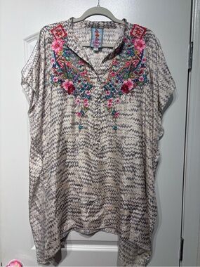 Johnny Was Silk Poncho with Multicolor Floral Embroidery